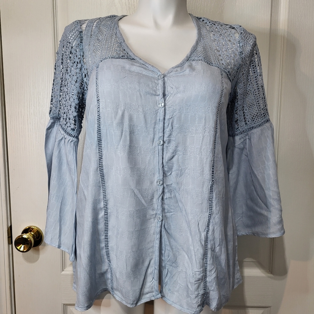 My Boutique Light Blue Crochet Top Blouse Size L